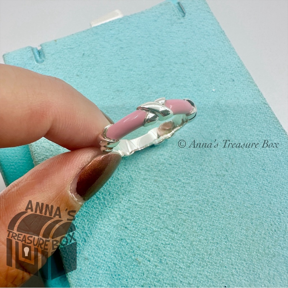 Tiffany & Co. 925 Silver Pink Enamel Signature X Stack Band Ring Size 8.5 (pouch
